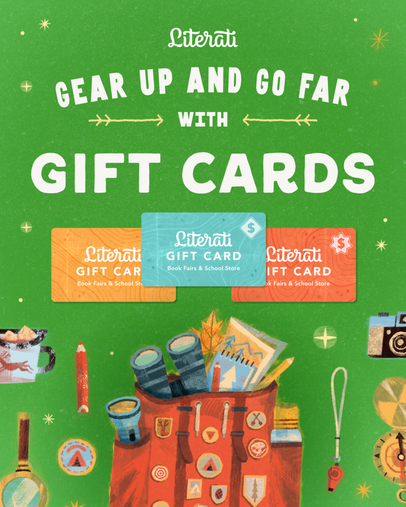 Picture with green background and camping gear advertising gift cards for the Literati Book Fair.