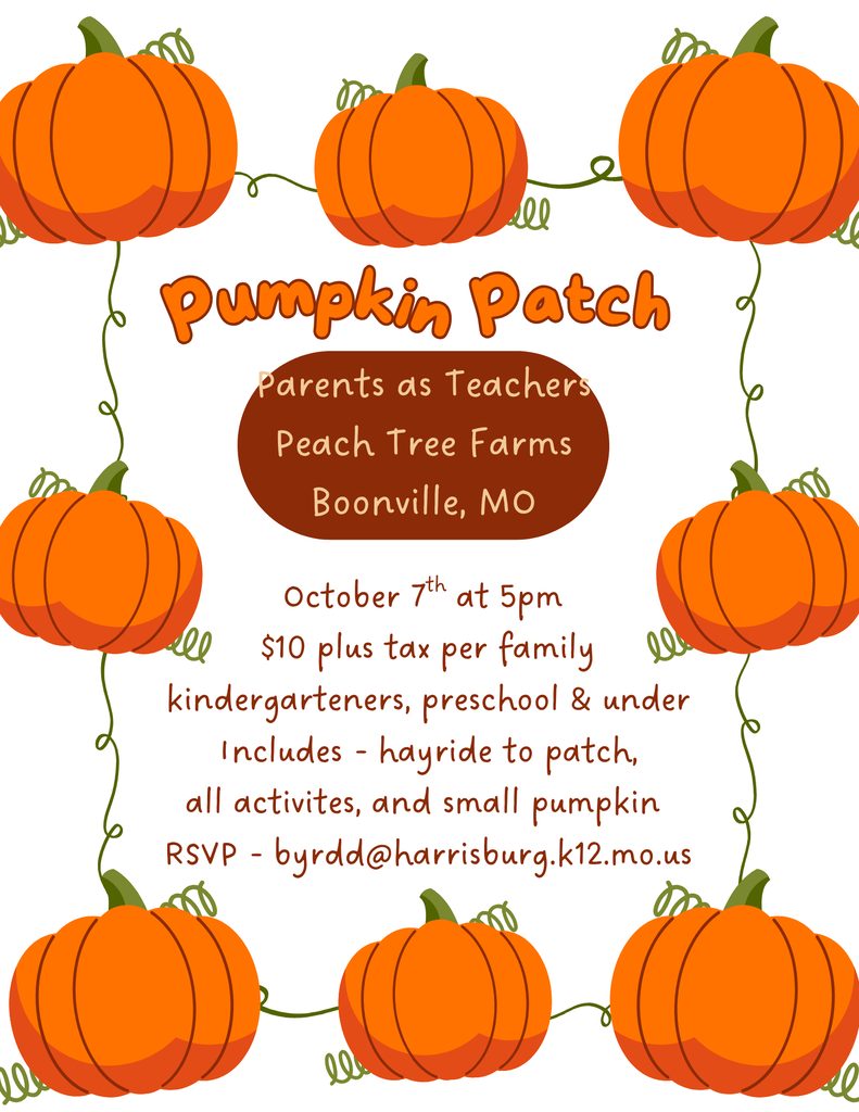 PAT Pumpkin Patch Trip Flyer with details of PAT opportunity on October 7 at Peach Tree Farms in Boonville