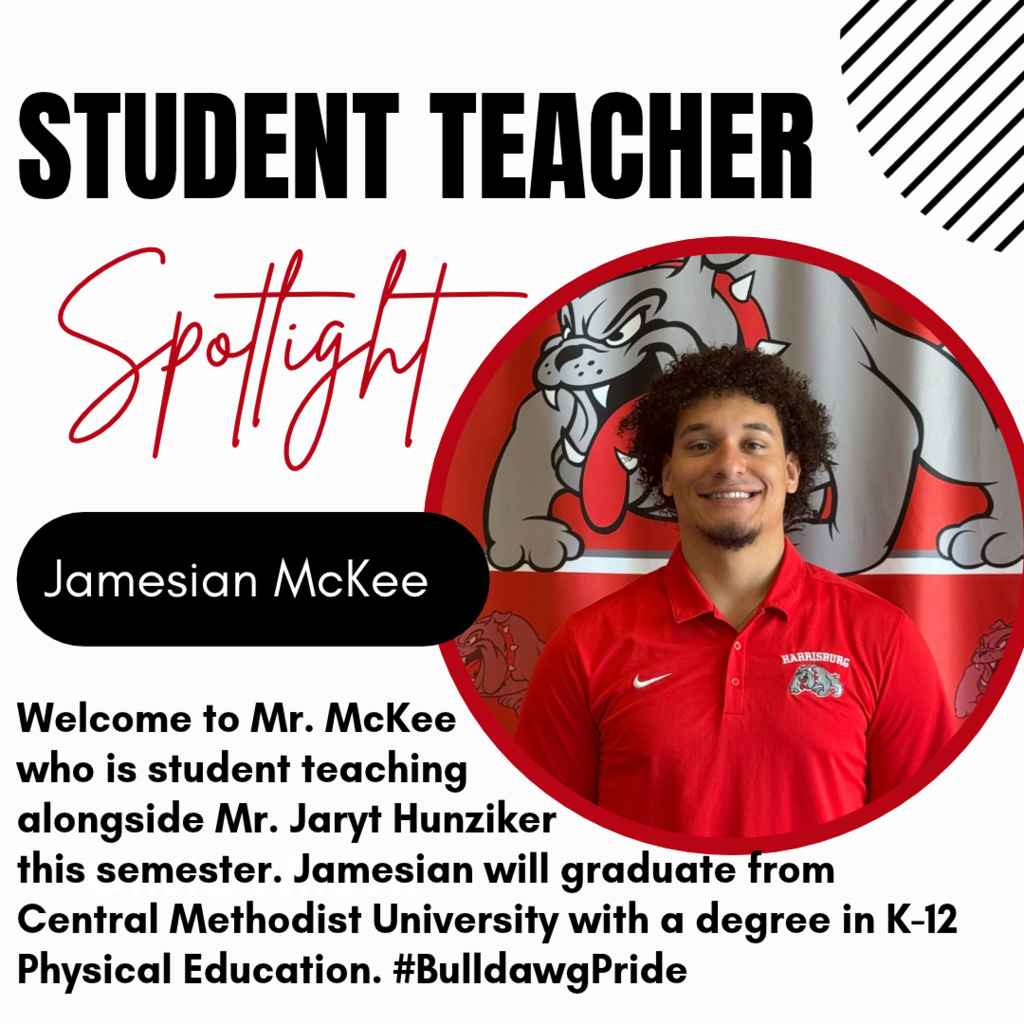 Student Teacher Spotlight of Jamesian McKee with photo in front of athletic  logo bulldog screen