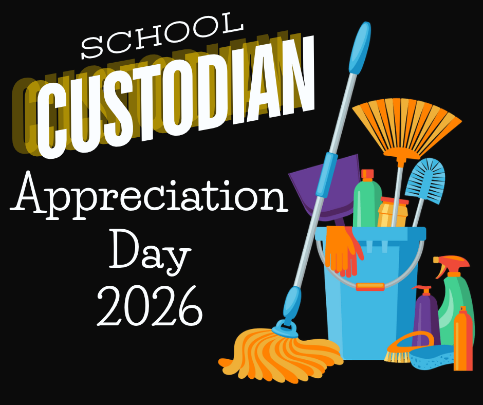 Custodian Appreciation Day Graphic with black background and clip art of cleaning supplies