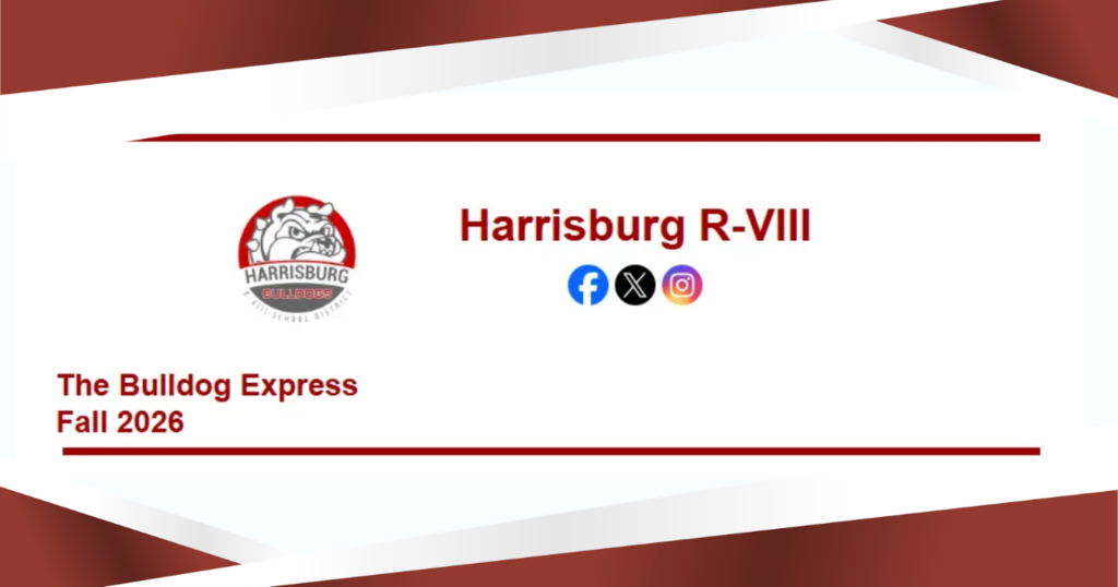 A modern red, white, and gray graphic banner for Harrisburg R-VIII. On the left is the Harrisburg Bulldogs mascot logo, and on the right is the text "Harrisburg R-VIII" above social media icons for Facebook, X, and Instagram. Below, the bottom-left text reads "The Bulldog Express Fall 2026.