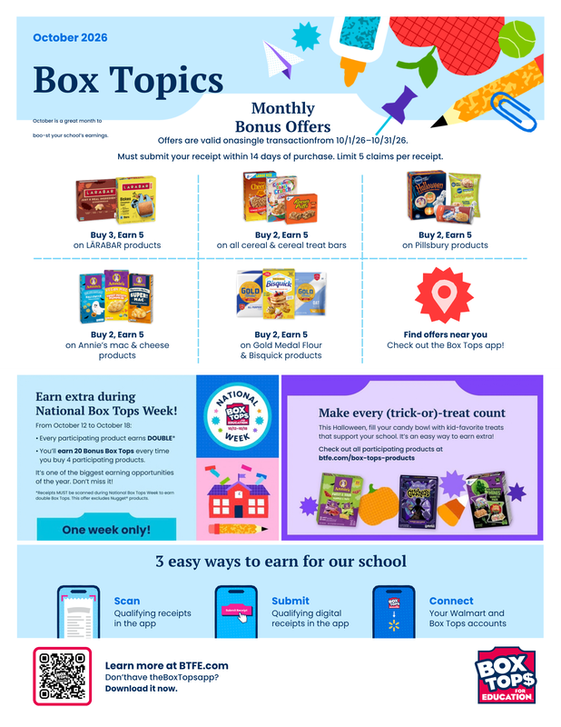 Flyer listing October 2026 Box Topics.