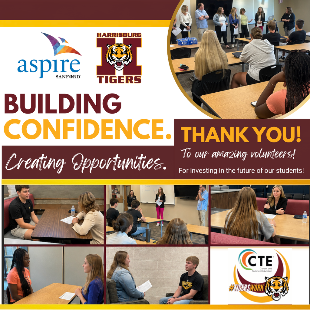 Students and Sanford Aspire leaders holding mock interviews at Harrisburg high school  with the words building confidence. creating opportunities. thank you to our amazing volunteers for investing in the future of our students. 