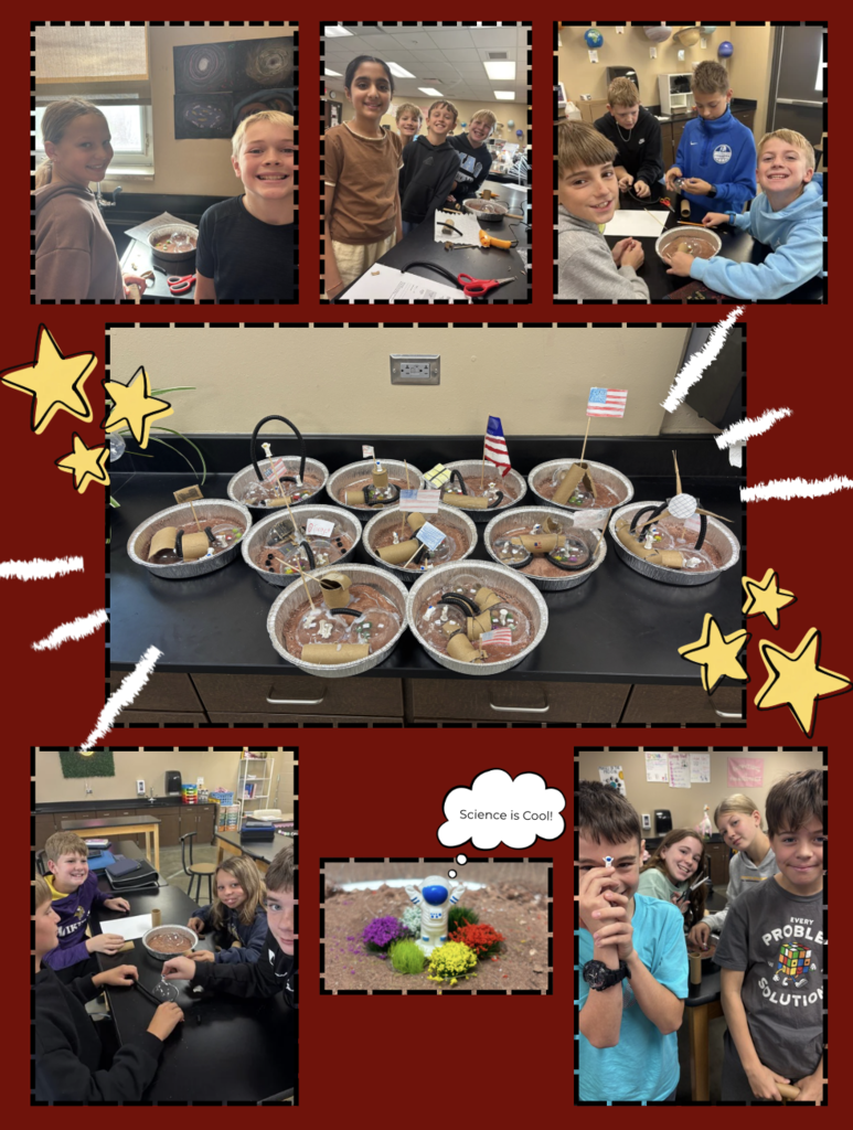 This image shows Mrs. Waldron's science class. They created projects that represent the planet, Mars. Students are smiling in these photos.