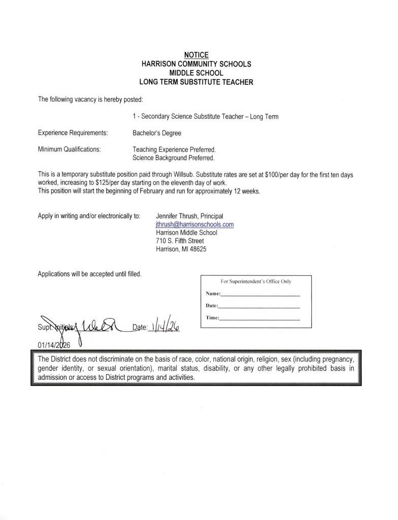 MS Long Term Substitute Teacher