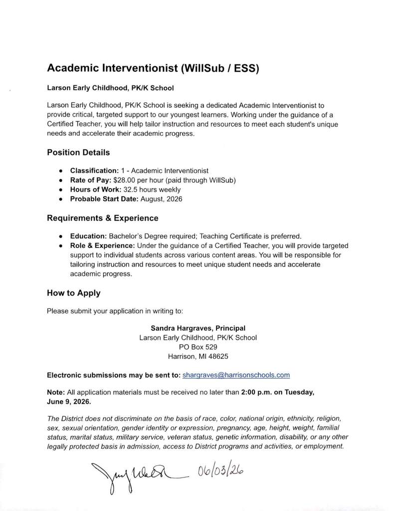 PreK/K Academic Interventionist