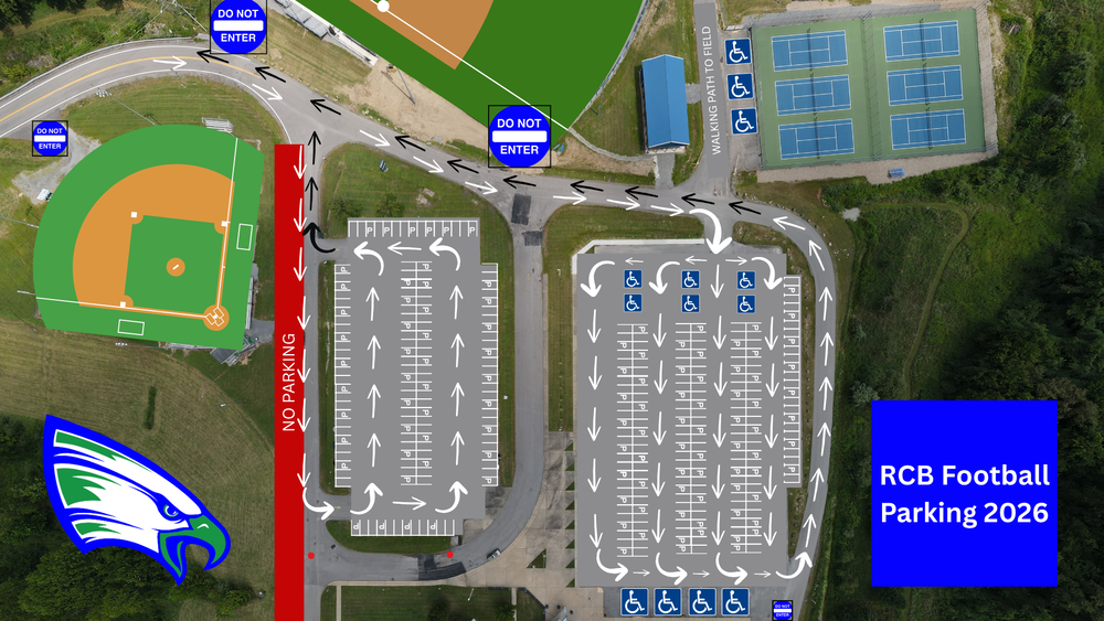 Aerial gameday parking map showing two parking lots, traffic arrows, no-parking areas, accessible spaces, and sports fields.