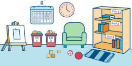 Cartoon of a playroom with bins, blocks, balls, books on shelves, a chair, rug, easel, clock, and calendar on the wall.