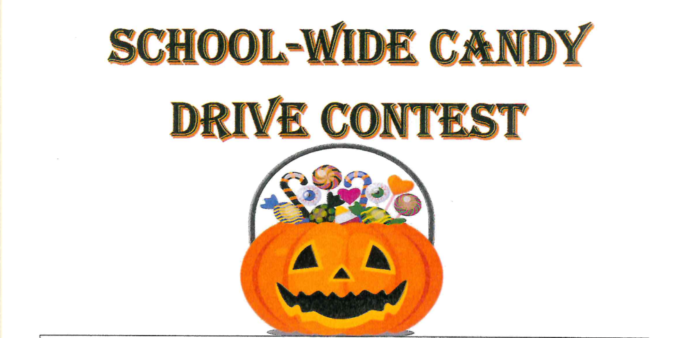 text reading school-wide candy drive contest with a pumpkin below the text.