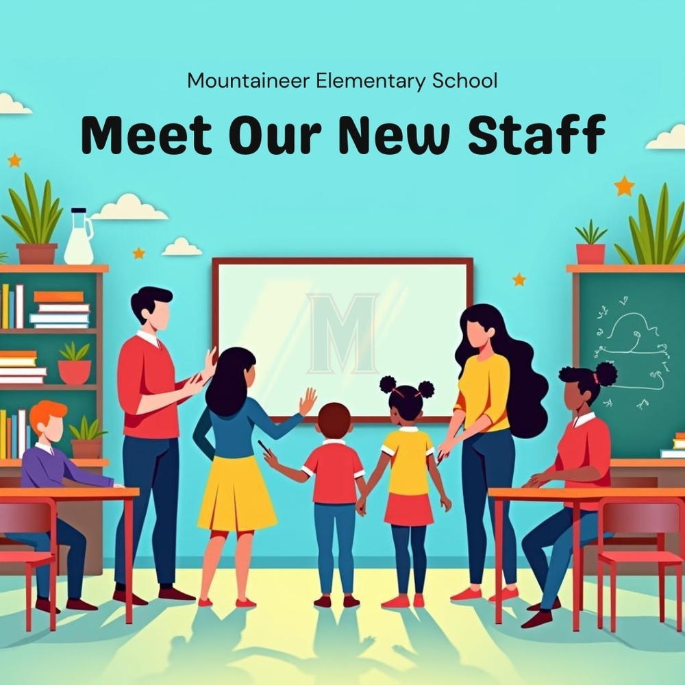 Illustration of teachers and students in a classroom with the words “Mountaineer Elementary School, Meet Our New Staff” above them.