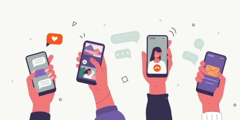 Illustration of four hands holding smartphones, each showing different apps such as messages, social media, video call, and email.