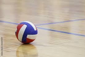 A picture of a blue, red, and white volleyball 