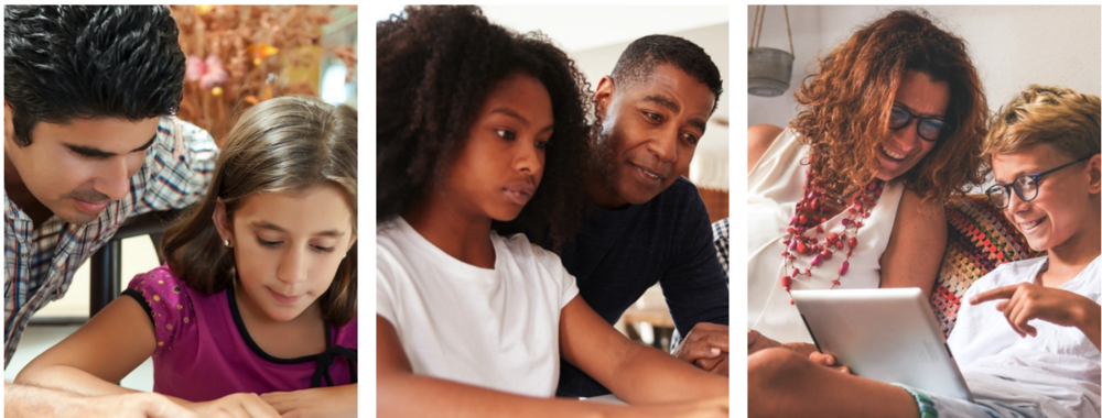 Three photos showing adults helping children learn — a man with a girl writing, a man with a girl reading, and a woman with a boy using a tablet.