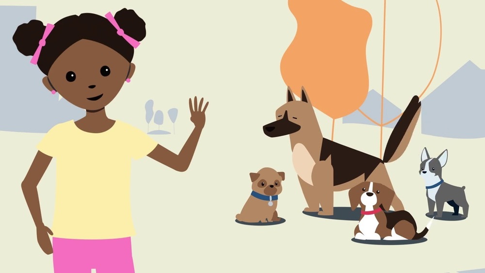Cartoon of a girl waving with four dogs sitting and standing nearby outdoors