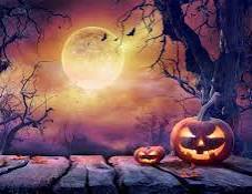 A spooky scene with 2 Jack O Lanterns, one smaller than the other, in the light of a yellow moon surrounded by creepy trees.