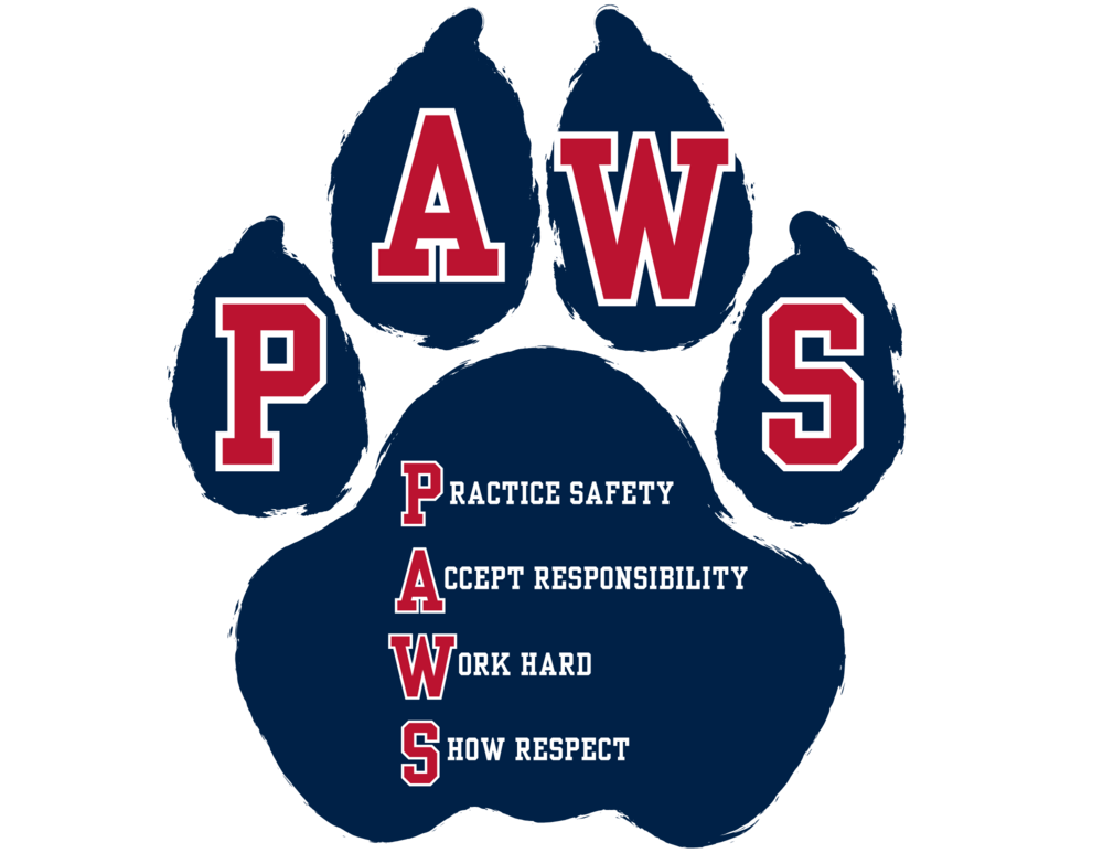 An image of a paw print with large letters spelling “PAWS.” Inside the paw, the letters stand for: Practice Safety, Accept Responsibility, Work Hard, Show Respect.