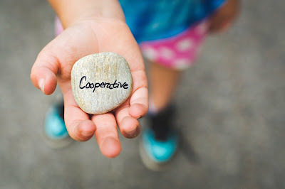 child holding a rock that reads cooperative