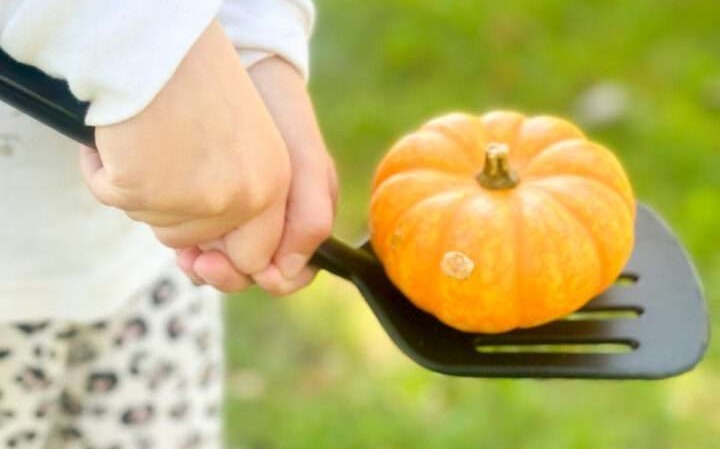 child holding a pumpkin with a spatula