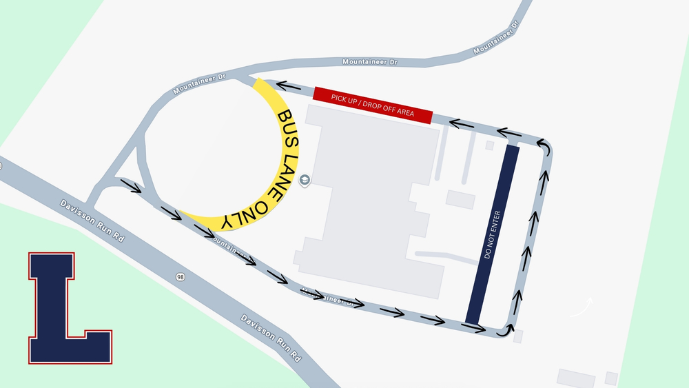 Map shows Liberty Middle School traffic flow. Arrows mark a one-way loop around the school for cars. Entry is from Davisson Run Road onto Mountaineer Drive. Bus lane is marked on the left side of the building, and a pick-up and drop-off area is at the front. A “Do Not Enter” lane blocks through traffic along one side.