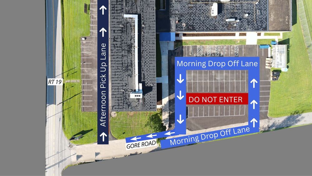 Victory Elementary Parking Lot Information. Mornin pickup in the large parking lot along Gore Road. Afternoon pickup in the first, smaller parking lot along Shinnston Pike.