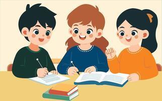 A little boy with 2 little girls writing on their notebooks together.