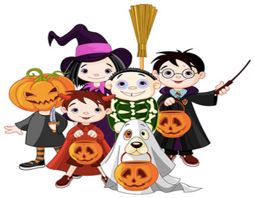 Five kids in Halloween costumes pose with a dog dressed as a ghost. They hold pumpkin candy buckets; costumes include a witch with a broom, a wizard with a wand, a skeleton suit, and a child in a pumpkin mask.