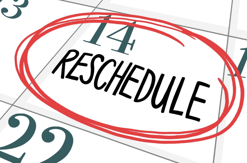 A calendar with the number 14 circled and the word “Reschedule” written across it.