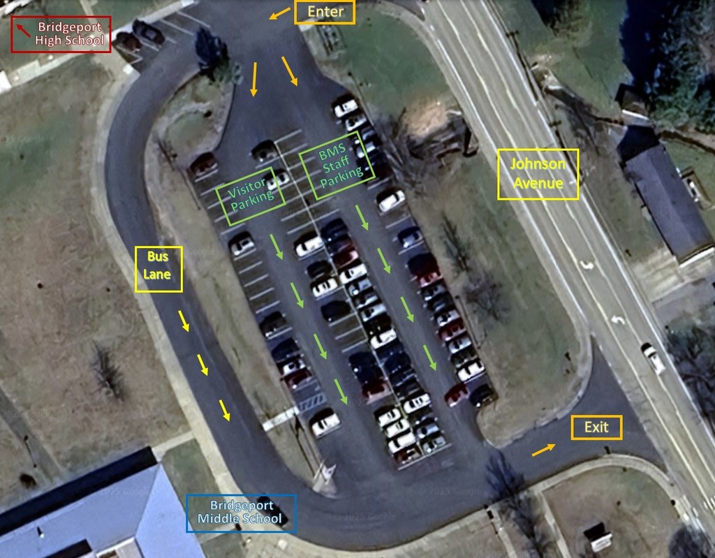Aerial map showing the front parking lot of Bridgeport Middle School with labeled areas for visitor parking, staff parking, bus lane, and marked entry and exit points from Johnson Avenue.