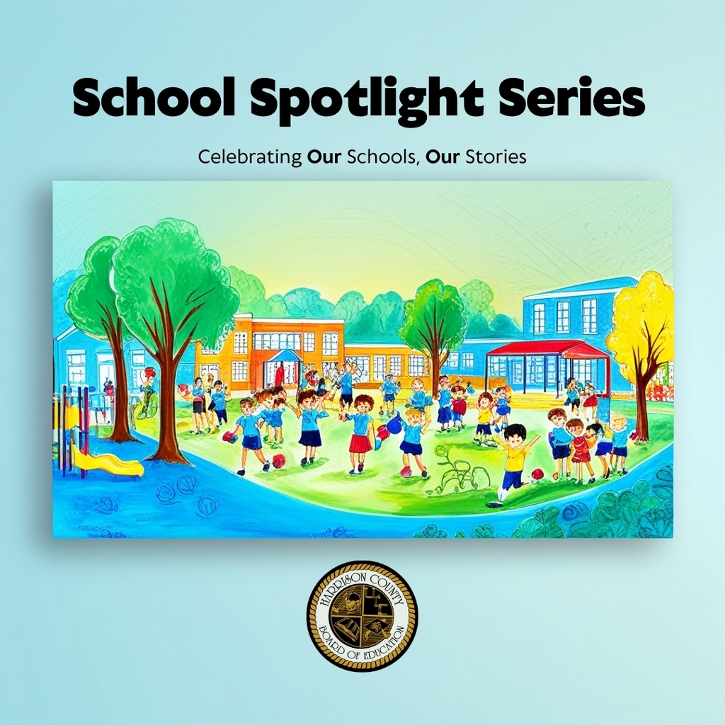 Illustration of children playing outside a school with teachers nearby, surrounded by trees and playground equipment. Text above says “School Spotlight Series, Celebrating Our Schools, Our Stories” with a county board of education seal below.