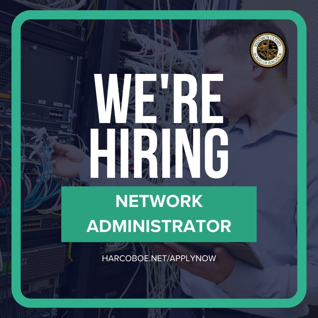 Man working with server cables next to text that says “We’re hiring, Network Administrator, harcoboe.net/applynow.