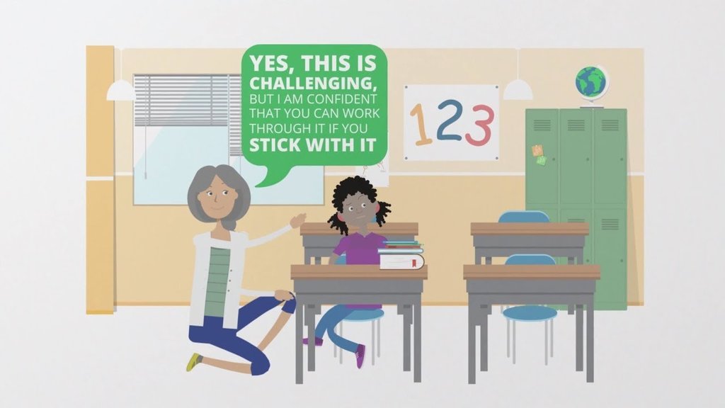 Cartoon of a teacher kneeling beside a student at a desk in a classroom, with the teacher saying encouraging words in a speech bubble.