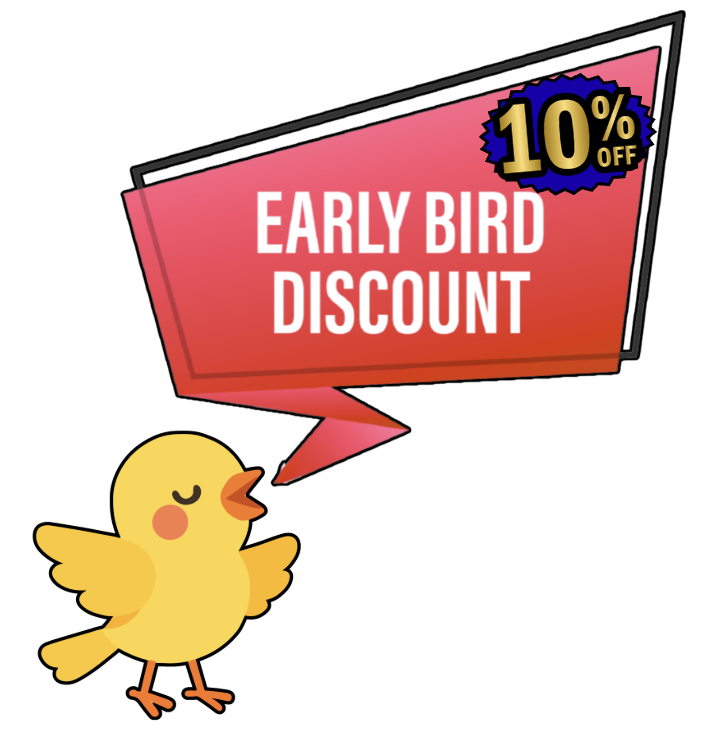 Cartoon chick with a speech bubble reading “EARLY BIRD DISCOUNT” and a “10% OFF” badge.