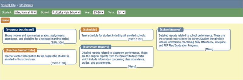 Parent Student Dashboard showing streamlined menus for progress, schedules, reports, and teacher contact information.