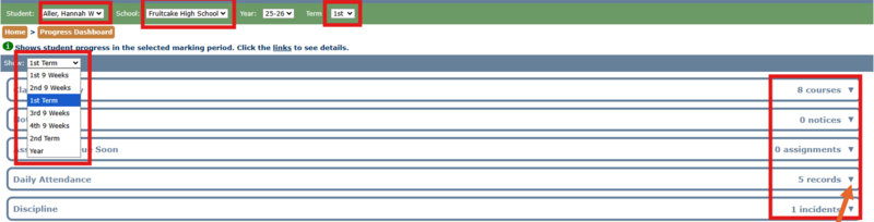 Progress Dashboard showing how to select the student, school, year, and term and expand sections to view courses, notices, assignments, attendance, and discipline.