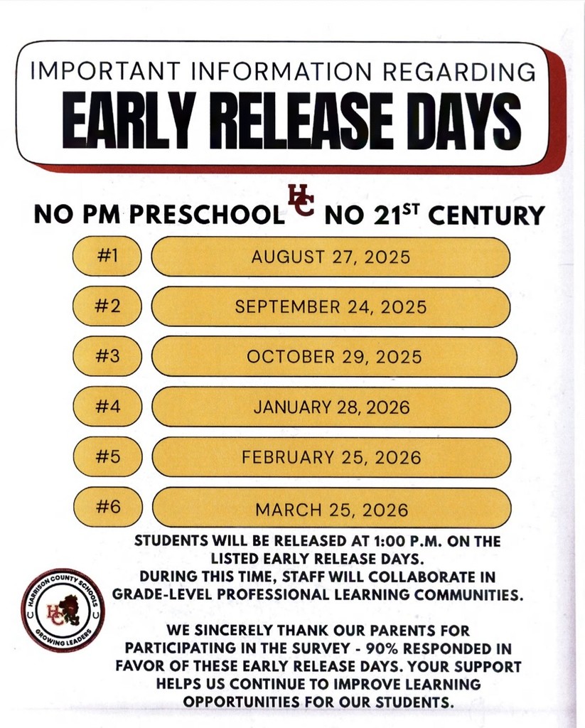 Our first early release day of the year is August 27th. Students will be released at 1 pm.