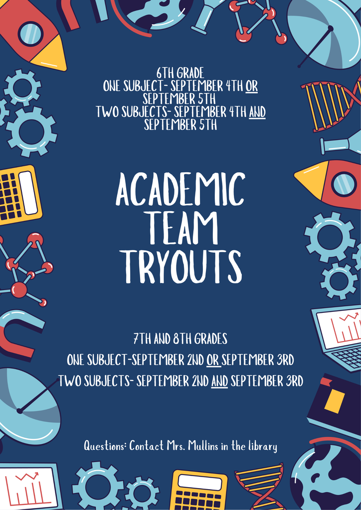 Academic Team tryouts are September 2nd and 3rd for 7th and 8th grades. They are September 4th and 5th for 6th grade. 
