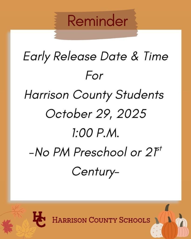 Our next early release day is Wednesday, October 29th. School will be dismissed at 1pm.