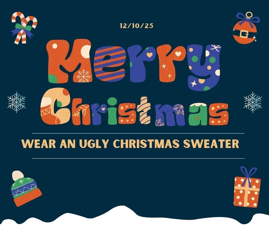 blue graphic with Merry Christmas, Wear an ugly christmas sweater