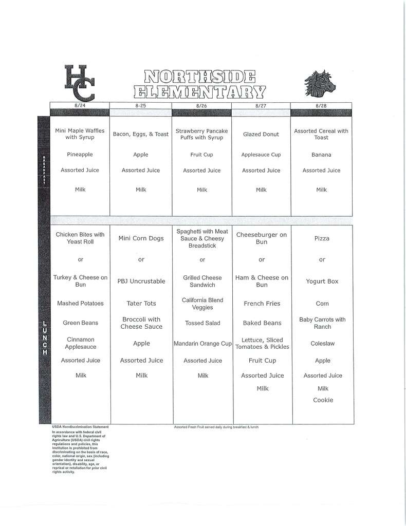 Lunch Menu for Week of August 24th