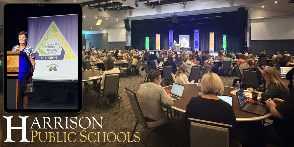 A large, crowded conference hall filled with educators seated at round tables with laptops, facing a main stage. In the top-left corner, a digital tablet overlay features a portrait of Susan Gilly standing at a wooden podium in front of an Arkansas Department of Education Summit banner. The text "Harrison Public Schools" is displayed in gold and white at the bottom left.