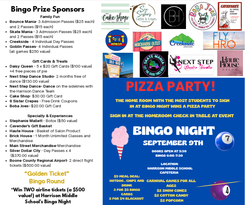 🎉 The Harrison Middle School PTA would like to thank our Gold, Silver, and Bronze Level Sponsors! 🎉  Join us for a night of fun, prizes, and Goblin spirit at HMS PTA Bingo Night 💙💛  📅 Tuesday, September 9 📍 Harrison Middle School Cafeteria 🕠 Doors Open: 5:30 PM 🕕 Bingo: 6:00–7:30 PM  👉 Don’t miss your chance to yell BINGO!