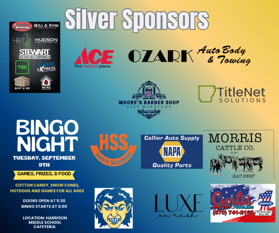 🎉 The Harrison Middle School PTA would like to thank our Gold, Silver, and Bronze Level Sponsors! 🎉  Join us for a night of fun, prizes, and Goblin spirit at HMS PTA Bingo Night 💙💛  📅 Tuesday, September 9 📍 Harrison Middle School Cafeteria 🕠 Doors Open: 5:30 PM 🕕 Bingo: 6:00–7:30 PM  👉 Don’t miss your chance to yell BINGO!