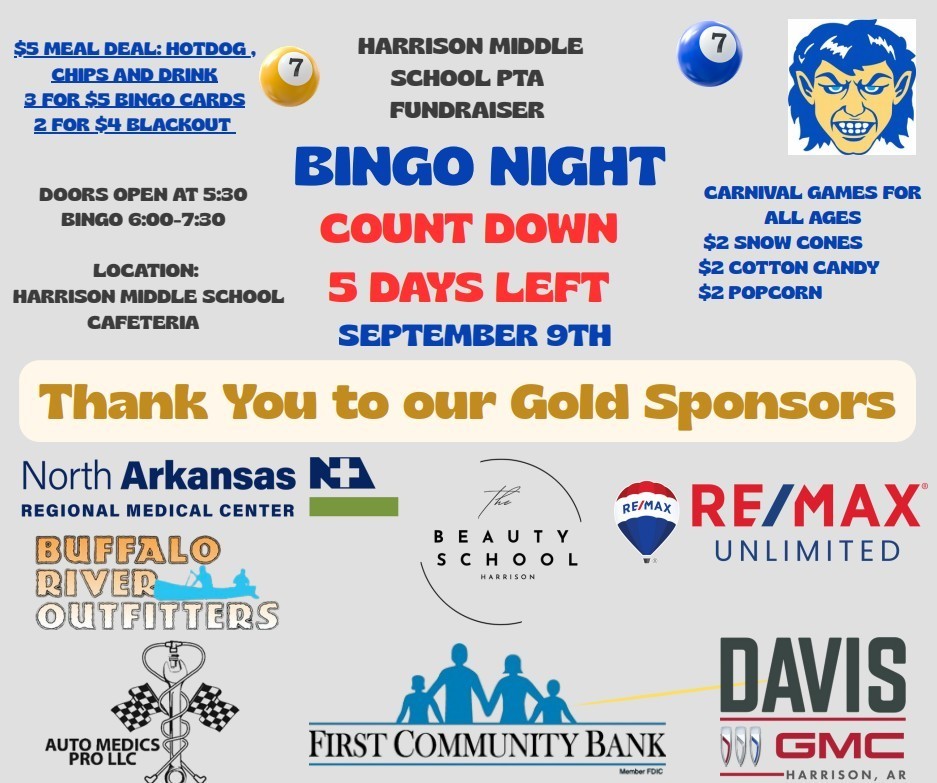 🎉✨ 5 DAYS LEFT! ✨🎉 Get ready for BINGO Night 🎲 at Harrison Middle School!  📍 HMS Cafeteria ⏰ Doors Open 5:30 | Bingo 6–7:30 🍿 $5 Meal Deal • $2 Treats • Carnival Games 🎪  👉 Don’t miss out on the fun, prizes, and Goblin spirit! 💙💛