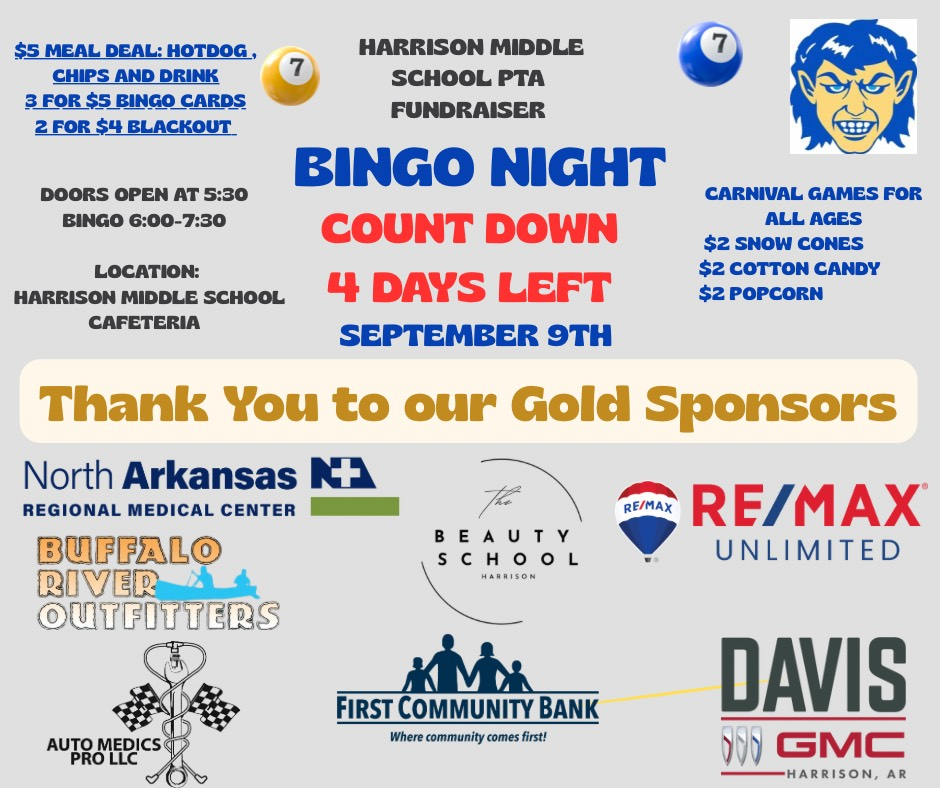 🎉🎲 Bingo Night Countdown – Just 4 Days Away! 🎲🎉  Join us Tuesday, Sept. 9 at the Harrison Middle School Cafeteria for a night full of fun, prizes, and Goblin spirit! 💙💛  👉 Doors open at 5:30 PM 👉 Bingo runs 6:00–7:30 PM 👉 $5 Meal Deal: Hot Dog, Chips & Drink 👉 Carnival games, snow cones, cotton candy & popcorn! 🍿🍧  A huge thank you to our Gold Sponsors for making this event possible! 🙌  #HarrisonMiddleSchool #GoblinPride #BingoNight
