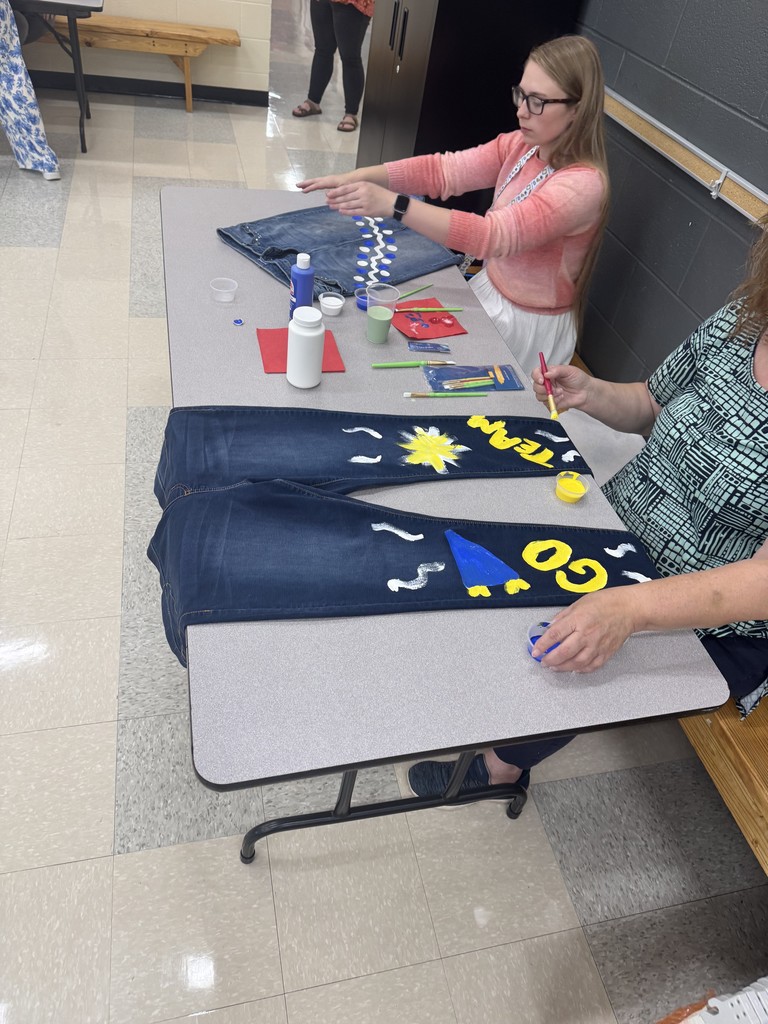 🎨👖 Teamwork + Creativity = Goblin Spirit!  Harrison Middle School teachers came together after school for a fun team-building activity—painting school-spirited jeans! 💛💙 Such a great way to bond, relax, and show off their Goblin pride! 🏆✨   #TeamHMS #GoblinPride #BetterTogether