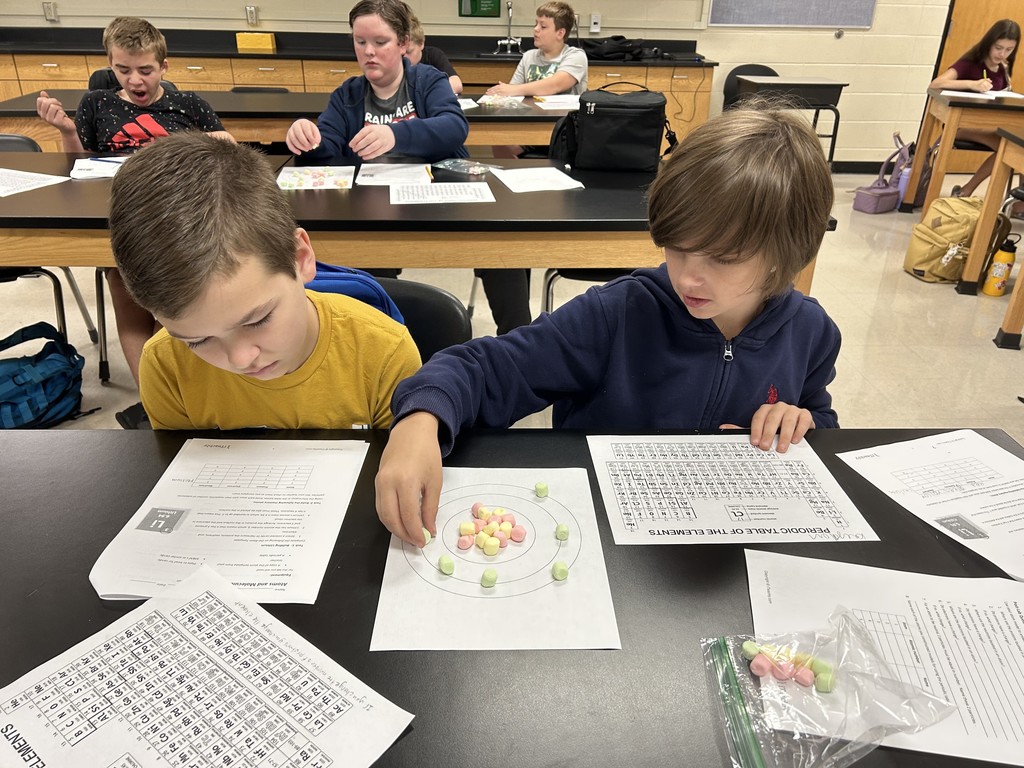 Subatomic particles never tasted so fun!  Mrs. Scoggins’ 7th Grade Science students participated in a “Build an Atom” lab using marshmallows to model subatomic particles. This engaging activity helped deepen their understanding of atomic structure and atomic numbers.