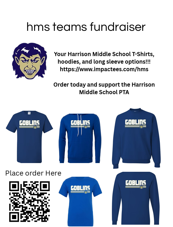 💙💛 Show your Goblin Pride! 💛💙  The Harrison Middle School PTA is selling T-shirts, hoodies, and long sleeve shirts. Don’t miss your chance to gear up and support our school! ✨  👉 Order here: https://www.impactees.com/hms  Every purchase helps support the HMS PTA and our students. Thank you for showing your spirit! 🎉