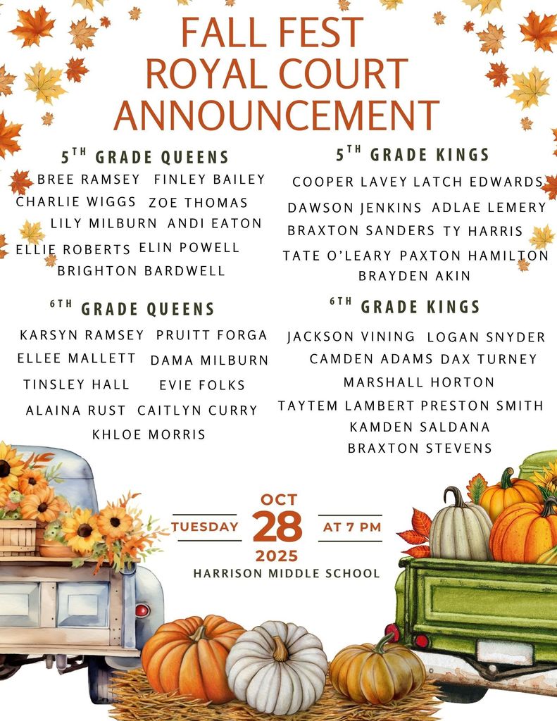 🍂👑🎃 Congratulations to our students who were selected by their peers to represent Harrison Middle School on the Fall Festival Royal Court! 💙💛 #HarrisonMiddleSchool #GreatGoblins #RoyalCourt #FallFestival  