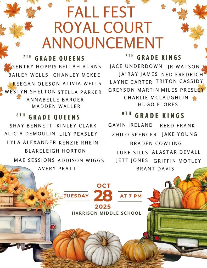 🍂👑🎃 Congratulations to our students who were selected by their peers to represent Harrison Middle School on the Fall Festival Royal Court! 💙💛 #HarrisonMiddleSchool #GreatGoblins #RoyalCourt #FallFestival  