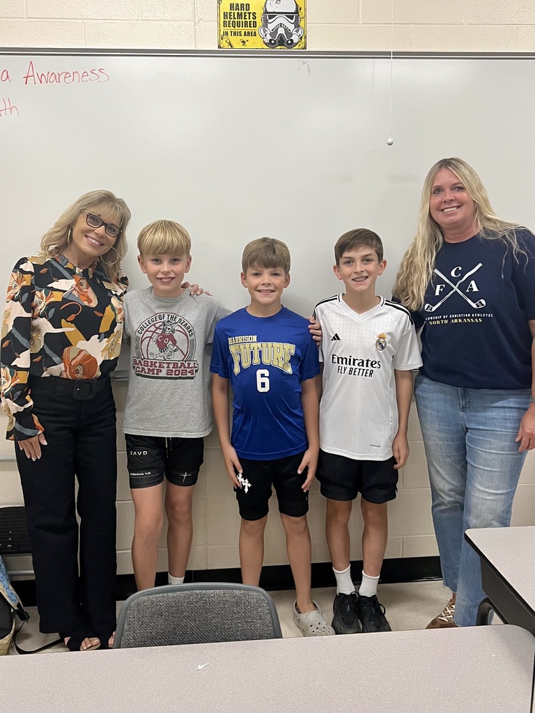 It was such a blessing to have these 3 young men, their mothers, & Angi Boaz attend our 5th Grade FCA Meeting this morning. Ryder, Finn, and Bracen spoke about the book of Job and having strength in the Lord. Angi, our FCA North Arkansas Ambassador lead the prayer and the moms provided the doughnuts. Thanks so much for supporting these students. It is much appreciated. 